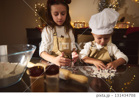Kids Baking Christmas Cookies With Chef Hats: Cozy Family Holiday Kitchen Scene 131434708