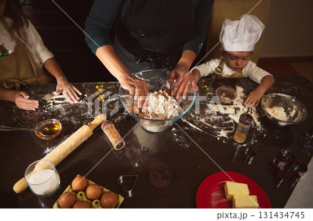 Family Baking Together: Cozy Holiday Gingerbread Making With Kids At Home Kitchen Family Baking Together: Cozy Holiday Gingerbread Making With Kids At Home Kitchen 131434745