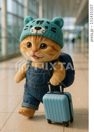 Cute Kitten Wearing Hat with Small Suitcase 131435107