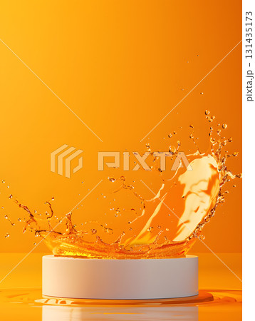 orange podium on background with oil splashes. banner for holidays. Stand for displaying good. 131435173