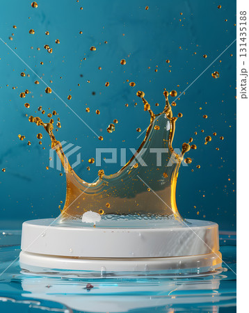 blue podium on background with oil splashes. banner for holidays. Stand for displaying good. 131435188