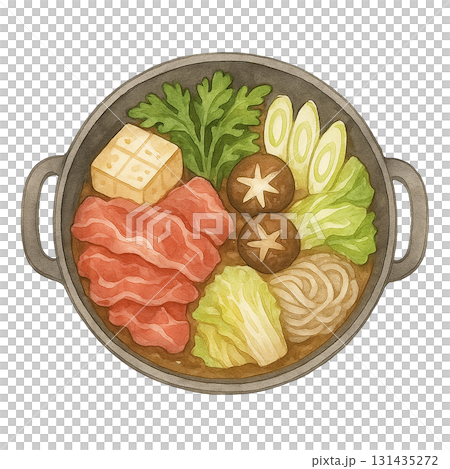 Sukiyaki illustration: A simple cutout image of a hot pot dish with plenty of ingredients 131435272