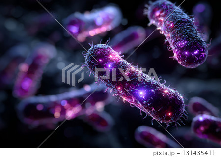Glowing bacteria with bright light effects, viewed under a microscope 131435411