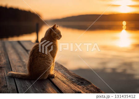 Cat sitting on wooden pier near calm lake during golden sunset with soft light Cat sitting on wooden pier near calm lake during golden sunset with soft light 131435412