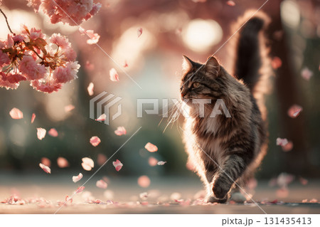 Cat walking outdoors under blooming cherry blossom with pink petals falling around 131435413