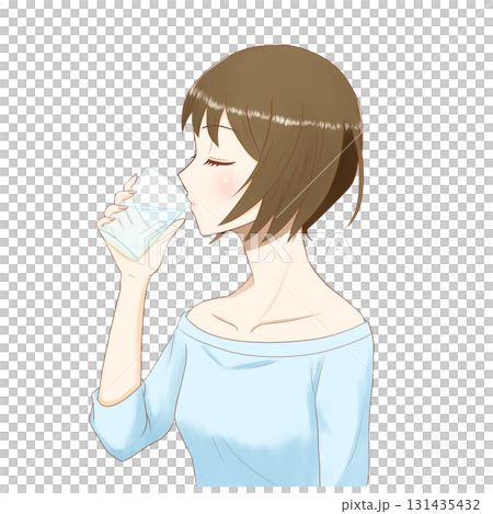 Illustration of an anime-style girl drinking water on a transparent background Illustration of an anime-style girl drinking water on a transparent background 131435432