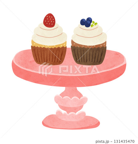 いちごとブルーベリーのカップケーキとケーキスタンド　水彩風手描きイラスト 131435470