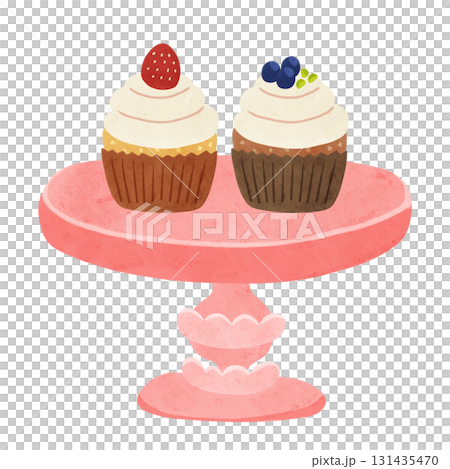 いちごとブルーベリーのカップケーキとケーキスタンド　水彩風手描きイラスト 131435470