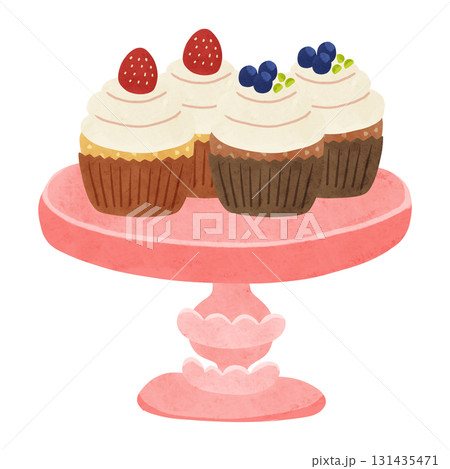 いちごとブルーベリーのカップケーキとケーキスタンド　水彩風手描きイラスト 131435471