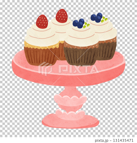 いちごとブルーベリーのカップケーキとケーキスタンド　水彩風手描きイラスト 131435471