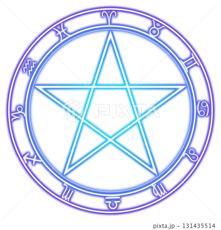 透明背景の青い発光魔法陣と十二星座シンボル 131435514