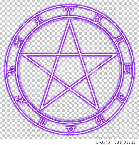 透明背景上紫色發光的魔法圈和黃道符號 131435515