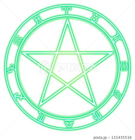 透明背景の緑色に光るペンタグラムと星座シンボルの魔法陣 131435516