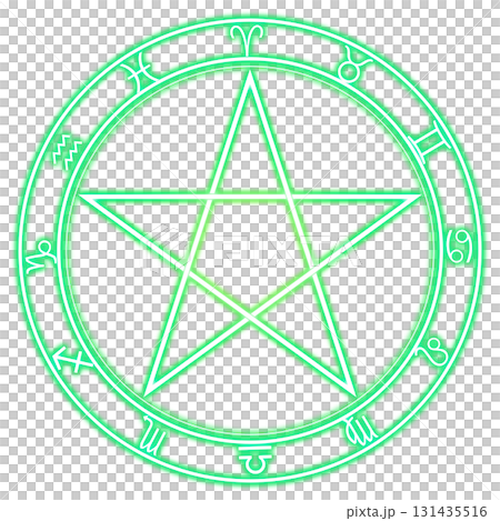 透明背景の緑色に光るペンタグラムと星座シンボルの魔法陣 131435516