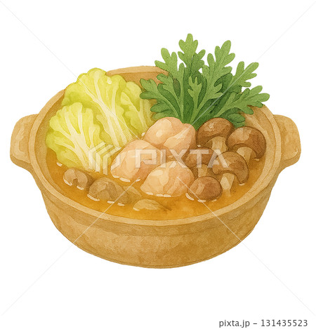 水彩風イラストの寄せ鍋　冬の定番鍋料理　食材入り鍋素材 131435523