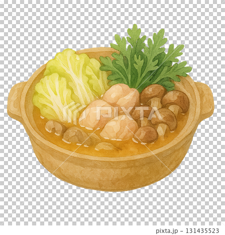 Yosenabe(一道經典的冬季火鍋菜餚)的水彩插圖及其配料 Yosenabe(一道經典的冬季火鍋菜餚)的水彩插圖及其配料 131435523