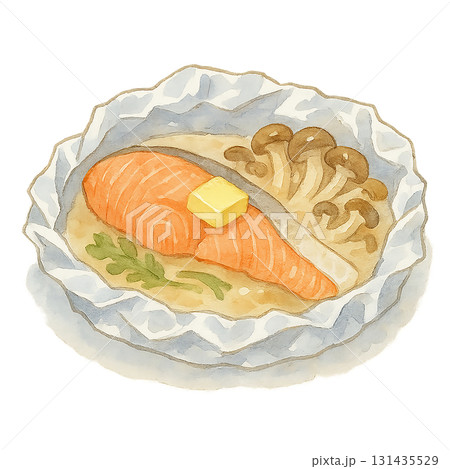 水彩風イラストの鮭ときのこのホイル焼き　秋の和食素材 131435529