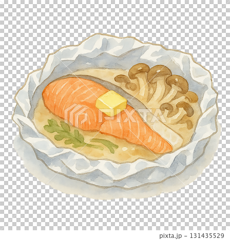 水彩風イラストの鮭ときのこのホイル焼き　秋の和食素材 131435529