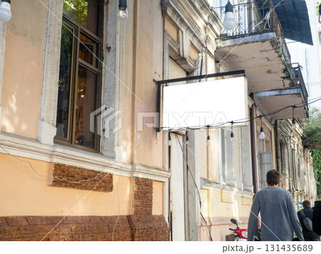 Mockup sign for a restaurant. Advertising of catering at the resort. 131435689