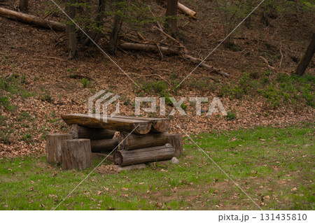 Rustic wooden picnic table with log benches in forest clearing surrounded by fallen leaves Rustic wooden picnic table with log benches in forest clearing surrounded by fallen leaves 131435810