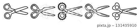 Decorative black line scissors set, monochrome icons, vector shears for gardening, hairdressing, sewing 131435910