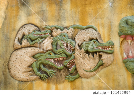 A dinosauris shown in a scene from the jurassic world. Dinosaur model in the park. Giant tyrannosaurus at an exhibition in the park 131435994