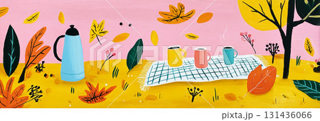 A soft checkered wool blanket is spread on dry autumn grass, accompanied by a metal thermos, two ceramic mugs, and a folded linen napkin. Fall leaves add vibrancy to the setting, banner A soft checkered wool blanket is spread on dry autumn grass, accompanied by a metal thermos, two ceramic mugs, and a folded linen napkin. Fall leaves add vibrancy to the setting, banner 131436066