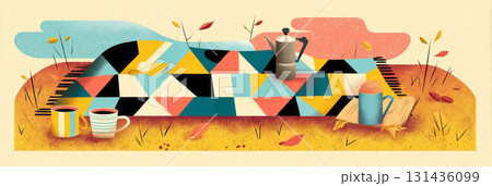 A checkered wool blanket lays on dry grass in autumn, showcasing a metal thermos, two ceramic mugs, and a folded linen napkin amidst colorful leaves, banner A checkered wool blanket lays on dry grass in autumn, showcasing a metal thermos, two ceramic mugs, and a folded linen napkin amidst colorful leaves, banner 131436099