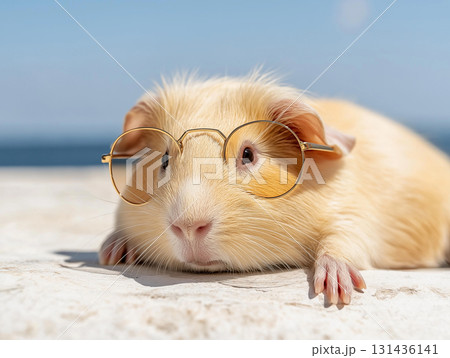 Guinea pig with glasses relaxing at the beach, cute and adorable animal portrait Guinea pig with glasses relaxing at the beach, cute and adorable animal portrait 131436141