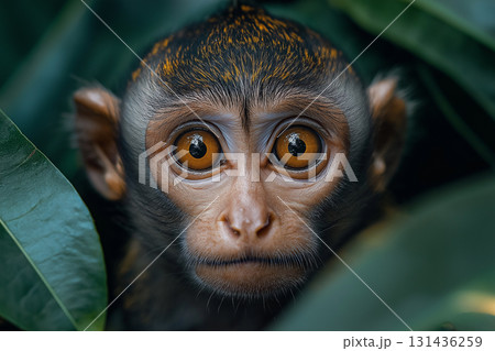 Discover the curious gaze of this monkey in the jungle, an expressive animal portrait. Discover the curious gaze of this monkey in the jungle, an expressive animal portrait. 131436259