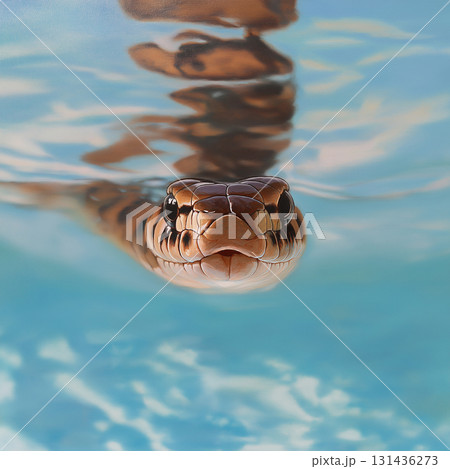Snake swimming in water with reflection, showcasing nature and animal in blue environment 131436273