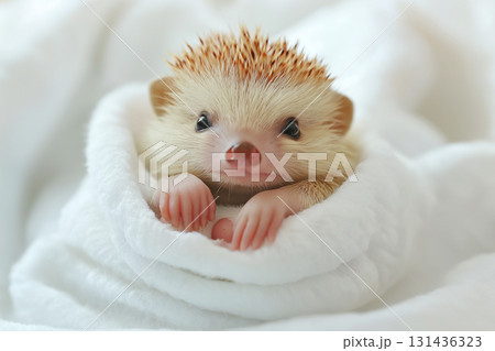 Adorable hedgehog portrait: Cute animal snuggled in soft, fluffy white blanket, tiny and delicate eyes. 131436323