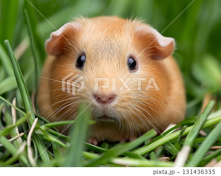Cute guinea pig resting on green grass outdoors, showcasing small brown furry animal with whiskers 131436335