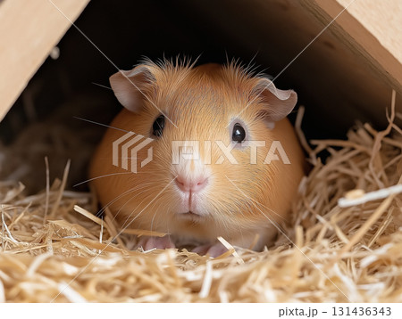 Guinea rodent pet is adorable and cute, an animal with fluffy fur in hay shelter with straw. 131436343