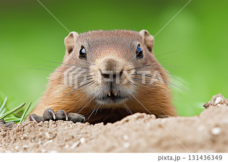Groundhog peering from burrow: wildlife, nature, rodent, animal, curiosity, natural habitat, ground, outdoor 131436349