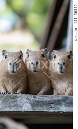 Capybara Trio in the Wild: A Snapshot of Animal Curiosity and Nature's Beauty Capybara Trio in the Wild: A Snapshot of Animal Curiosity and Nature's Beauty 131436359