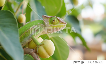 Chameleon Reptile - Green Lizard Camouflage in Nature, Wildlife Exotic Tree Leaf Animal Chameleon Reptile - Green Lizard Camouflage in Nature, Wildlife Exotic Tree Leaf Animal 131436396