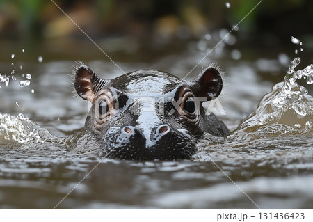 Hippopotamus swimming in water, wildlife animal in natural river habitat with splash and eyes visible 131436423