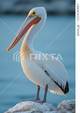 Pelican perched by the seaside, showcasing stunning wildlife and nature at sunset Pelican perched by the seaside, showcasing stunning wildlife and nature at sunset 131436467