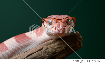 Snake with glasses showcases reptile fashion in cute and stylish animal portrait photography 131436473
