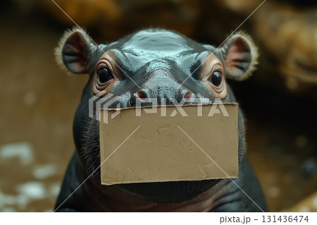 Adorable baby hippopotamus closeup in wildlife habitat with cute animal portrait 131436474