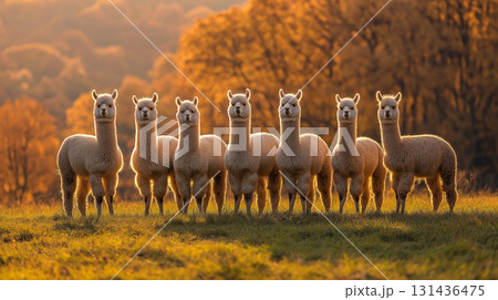 Alpacas herd in the sunset: animals, nature, and wool on a peaceful pasture field 131436475