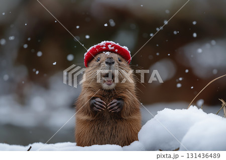 Cute marmot wearing a red hat in snowy winter nature, playful wildlife and furry animal outdoors 131436489