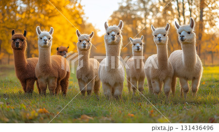 Alpaca herd grazing in autumn pasture with fluffy cute animals and nature in rural landscape 131436496
