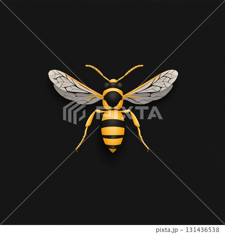 Closeup of a wasp with yellow stripes and wings on a black background 131436538