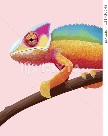Colorful lizard and chameleon on branch in nature with vibrant wildlife design and art elements 131436548