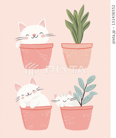 Adorable cat and kitten with potted plants: cute, fluffy, playful, and charming whiskered companions 131436552
