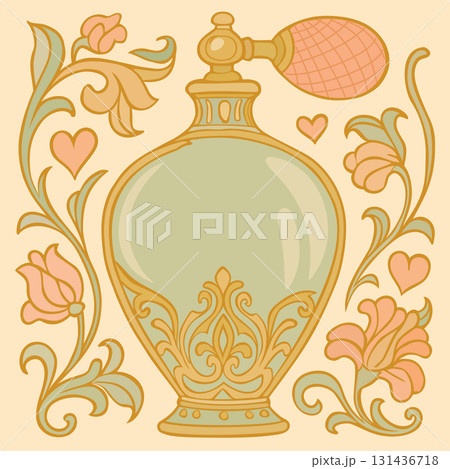 Elegant perfume bottle surrounded with soft flowers and hearts. Vector illustration Elegant perfume bottle surrounded with soft flowers and hearts. Vector illustration 131436718