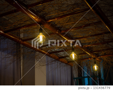 Lighting in a cafe. Interior detail. The lamp does not light up. Lighting device during daylight hours. Lamp in the dark Lighting in a cafe. Interior detail. The lamp does not light up. Lighting device during daylight hours. Lamp in the dark 131436779