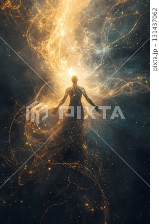 female figure surrounded by glowing light female figure surrounded by glowing light 131437062